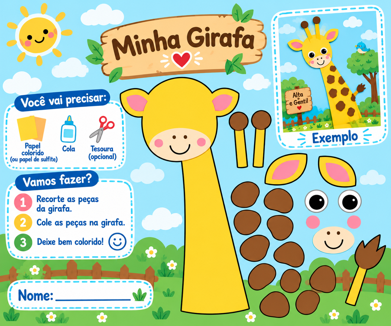 Página para imprimir da atividade Minha Girafa, com as peças do corpo, cabeça, chifres, orelhas e manchas para recortar e colar