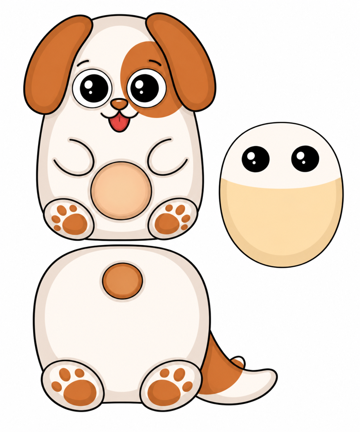 Molde para recortar de um fantoche de cachorrinho, com as peças da cabeça de orelhas caídas, do corpo com mancha marrom e rabo, e da base oval com olhos